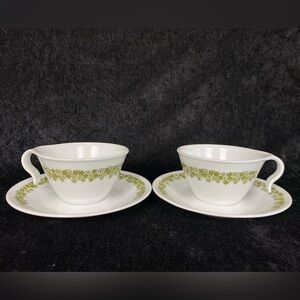 2 Vintage Spring Blossom Crazy Daisy Hook Handle Teacups & Saucers